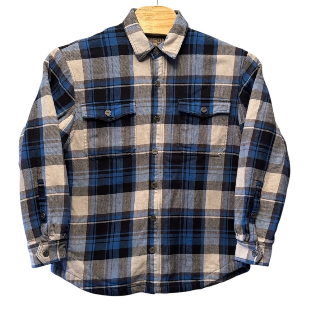 Duluth Trading Flapjack Shirt Jac Jacket Men size Large L Blue Blk Fleece Lined
